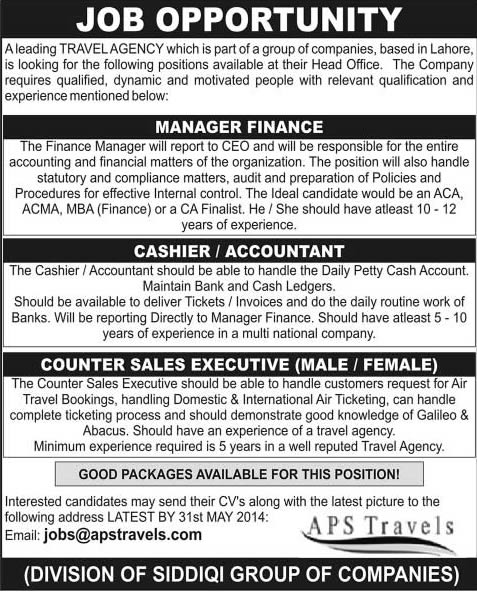 Finance Manager Cashier Accountant Sales Executive Jobs In Lahore